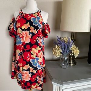 LOFT tropical floral print cold shoulder swing dress